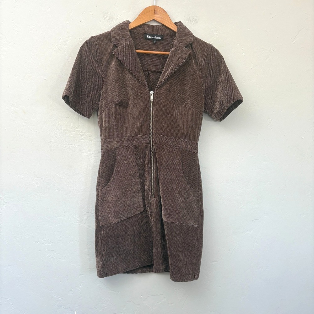 En Saison Corduroy Route Mini Dress Women Size Small Brown Zip Up